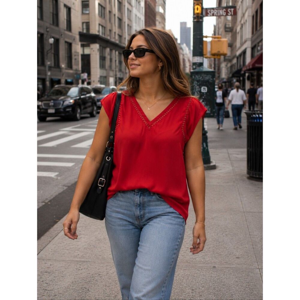 41 Hawthorn Cap Sleeve Blouse Red Size Large Work Office Flowy Loose fit
